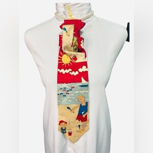 Colorful Beach Scene Necktie featuring a Gold Flipflop Brooch